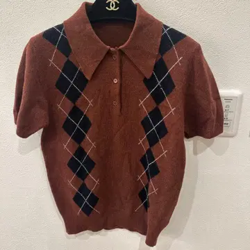 브라운 아가일 무늬 반팔 피케 셔츠 캐시미어 100%