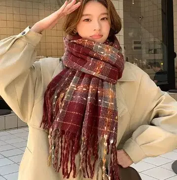 체크 무늬 울 혼방 머플러