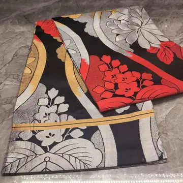 화려한 꽃무늬 후쿠로 오비 블랙 레드 금