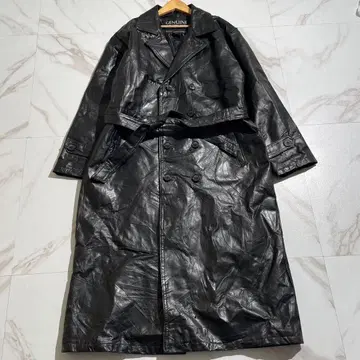 [ 레어 ] Navarre 가죽 더블 체스터 코트 벨트 패치워크 블랙