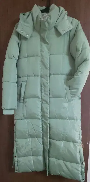 민트 그린 후드 부착 롱 다운 자켓