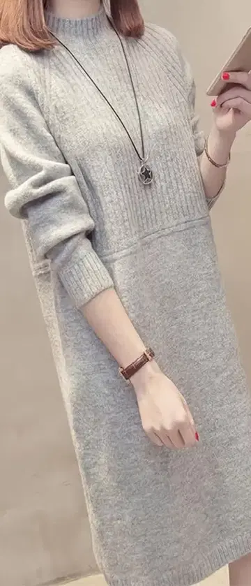 그레이 니트 긴팔 원피스
