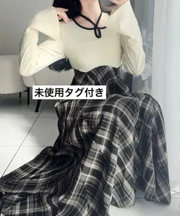 [ mily bilet ] 배색 파이핑 티셔츠 도킹 체크 원피스