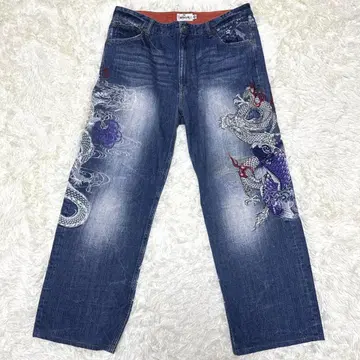 카라쿠리타마시 데님 팬츠 W38 잉어 용 자수 남성용 빅 사이즈 청바지