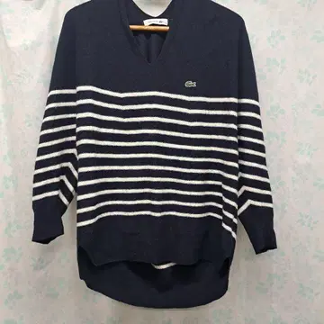 Lacoste 보더 V넥 니트 스웨터 네이비
