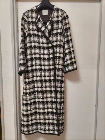 체크 무늬 트위드풍 롱 코트