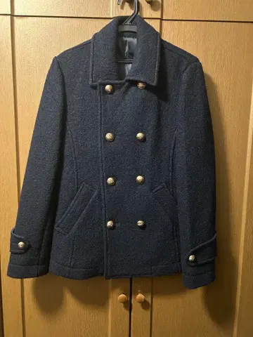 울 더블 브레스트 피 코트 네이비