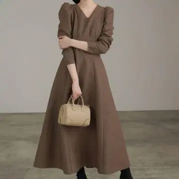 브라운 V넥 롱 원피스