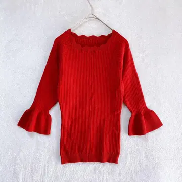 FA/니트 스웨터/F/레드/7부 소매/프릴 소매/귀여운/깔끔한 스타일