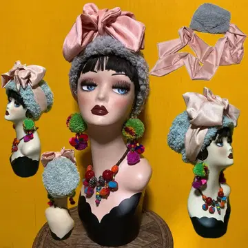 한정 컬러 푸들 퍼 모자 새틴 샨탄 리본 어레인지