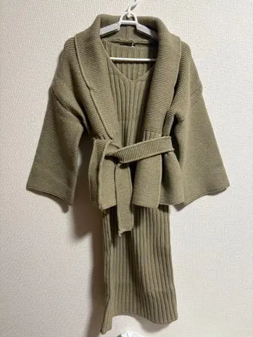 베이지 롱 니트 원피스 가디건 세트 벨트 포함