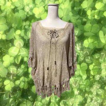 모리걸 페어리 그런지 프린지 장식 베이지 시스루 니트 판초