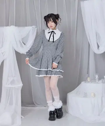 honey cinnamon 벨로아 리본 배색 요크 원피스 체크