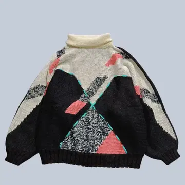 80s 니트 스웨터 컬러풀 터틀넥 구제 의류