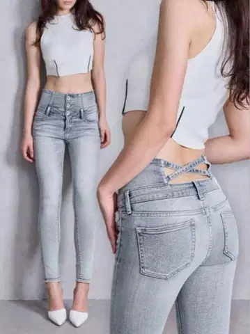 하이웨스트 허리 크로스 스키니 데님 팬츠 라이트 그레이 GYDA
