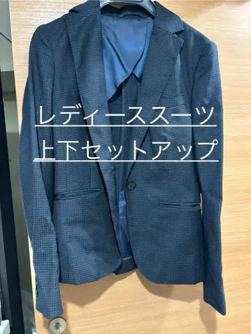 네이비 체크 무늬 스커트 수트 상하의 세트