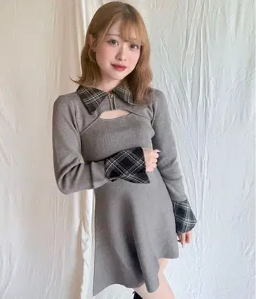 택 포함 NOMAE 노마에 체크 칼라 미니 니트 원피스