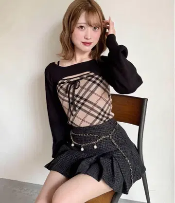 NOMAE 체크 리본 숏 레이어드 니트 베이지 체크