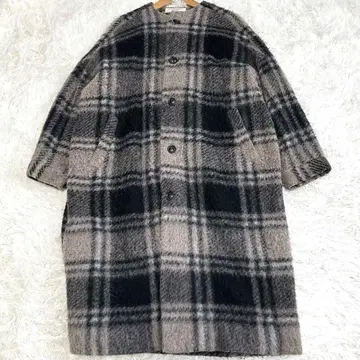 빔즈 보이 슬라이버 니트 타탄 체크 노카라 코트