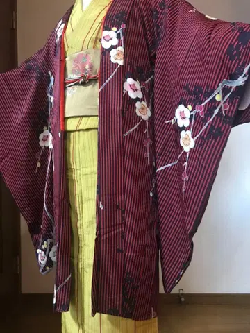 겉옷 긴 겉옷 순수 실크 앤티크 빨검 스트라이프 매실 다이쇼 로망