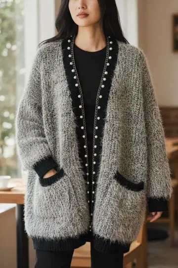 진주 체인 라메 가디건