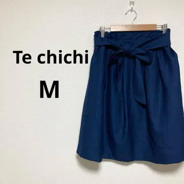 테치치 여성용 무릎 기장 플레어 스커트 리본 벨트 파랑 무지 귀여운 M