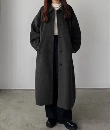 callautia 볼륨 슬리브 스탠 칼라 롱 코트 다크 그레이 S