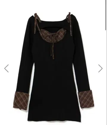 bubbles 오픈 리본 체크 원피스 브라운