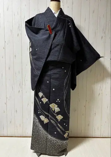 기모노 야마토 유젠에 시보리 금실 가공의 츠무기 쓰케사게 m4403