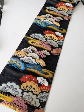 순수 실크 나고야 오비 블랙 베이스 송파 무늬