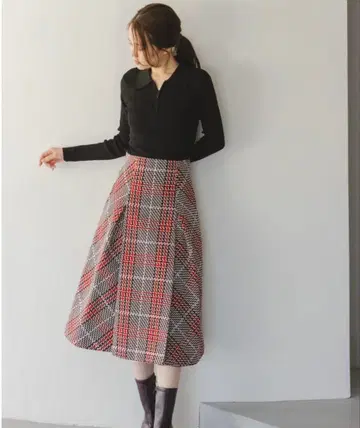 SNIDEL 로빙 체크 미들 스커트 빨간색