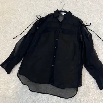 마우지 어깨 리본 2way 오프숄더 스키퍼 시어 셔츠 블랙 긴팔