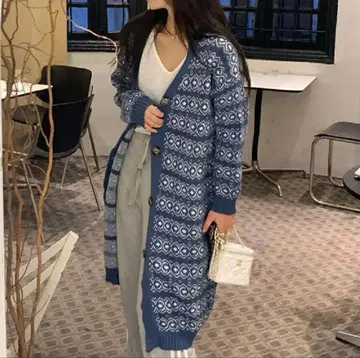 slender 네이비 페어아일 패턴 롱 니트 가디건