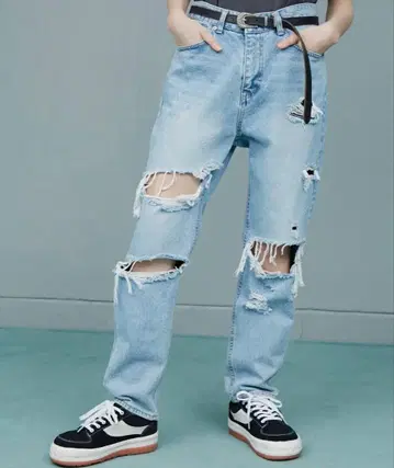 AIVER 포스 데미지 데님 팬츠 라이트 인디고 블루 L 사이즈