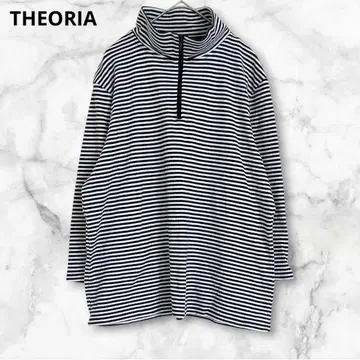 세오리아 보더 무늬 하이넥 7부 소매 상의 3L 루즈핏 코튼 혼방