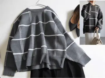 택 포함 새상품 봉쥬르 사간 윈드펜 체크 오버 사이즈 니트 F