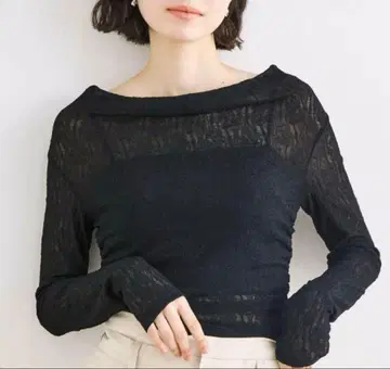 COCO DEAL 스트레치 레이스 드레이프 티셔츠 블랙