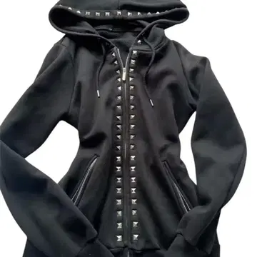 스터드 후드티 블랙 Y2K 허리 마크 지퍼 포켓 L