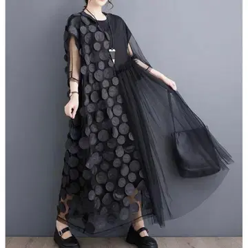 모드 스타일 블랙 원피스 도트 디자인 파티 루즈핏