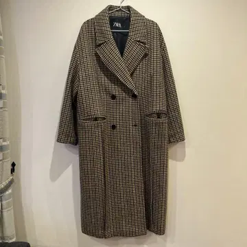 ZARA 체크 무늬 더블 브레스트 롱 코트