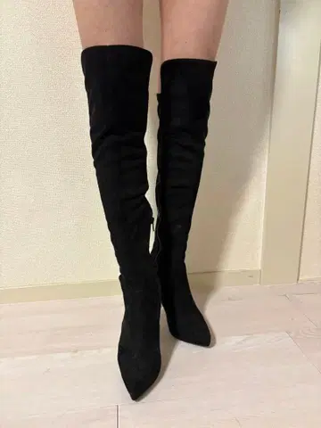 블랙 니하이 부츠 하이힐 스웨이드