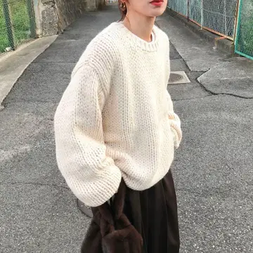 울 혼방 오버 사이즈 로우게이지 니트 아이보리