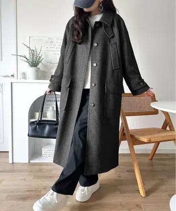 클래식 엘프 롱 기장 히든 버튼 스텐카라 코트 M