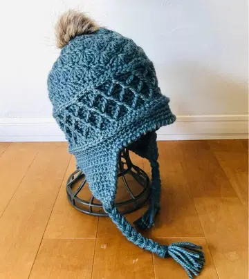 손뜨개질 귀도리 니트 모자 블루그린