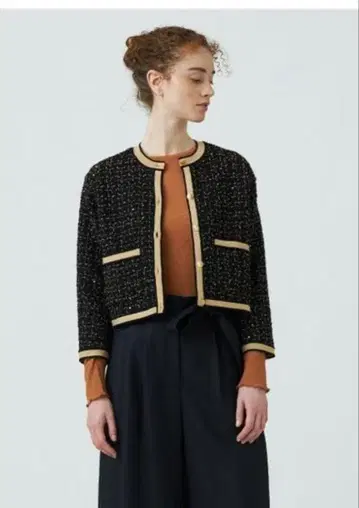 볼지 니트 콤비 트위드 크루넥 자켓 블랙