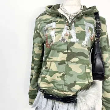 y2k 00s GAP 초레어 카모 무늬 스팽글 로고 지퍼 후드티