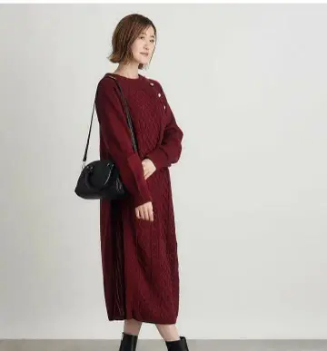 미사용 택 포함 grove 사이드 플리츠 케이블 니트 원피스 보르도