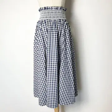 새상품급 자라 우먼 깅엄 체크 플레어 스커트 M 네이비 롱 기장