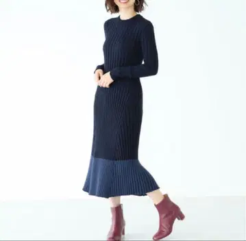 Demi-Luxe BEAMS 와이드 리브 니트 원피스 블루 계열