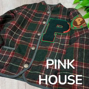 새상품급 핑크하우스 로고 자수, 아플리케 울 자켓 체크